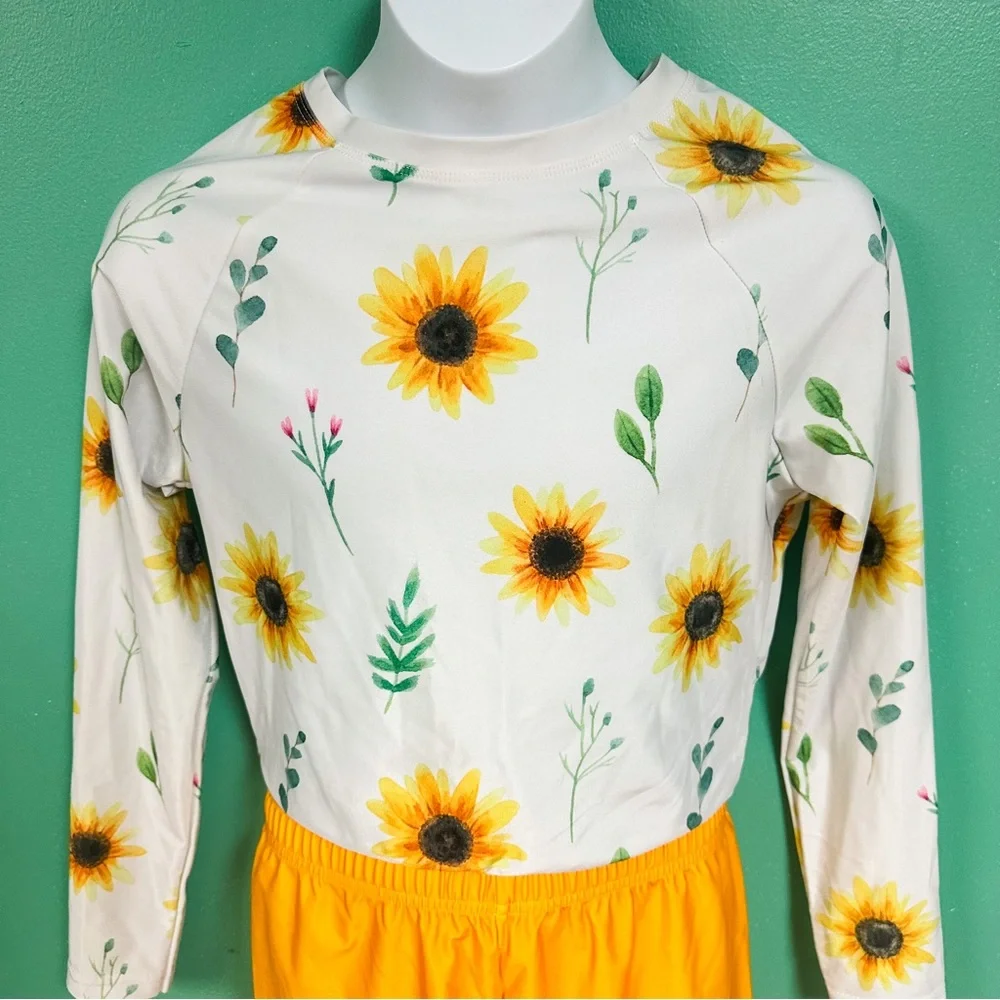 NWOT Pixie Girl 2-Piece Long Sleeve & Shorts Sunflower Rashguard Swimsuit 14/16